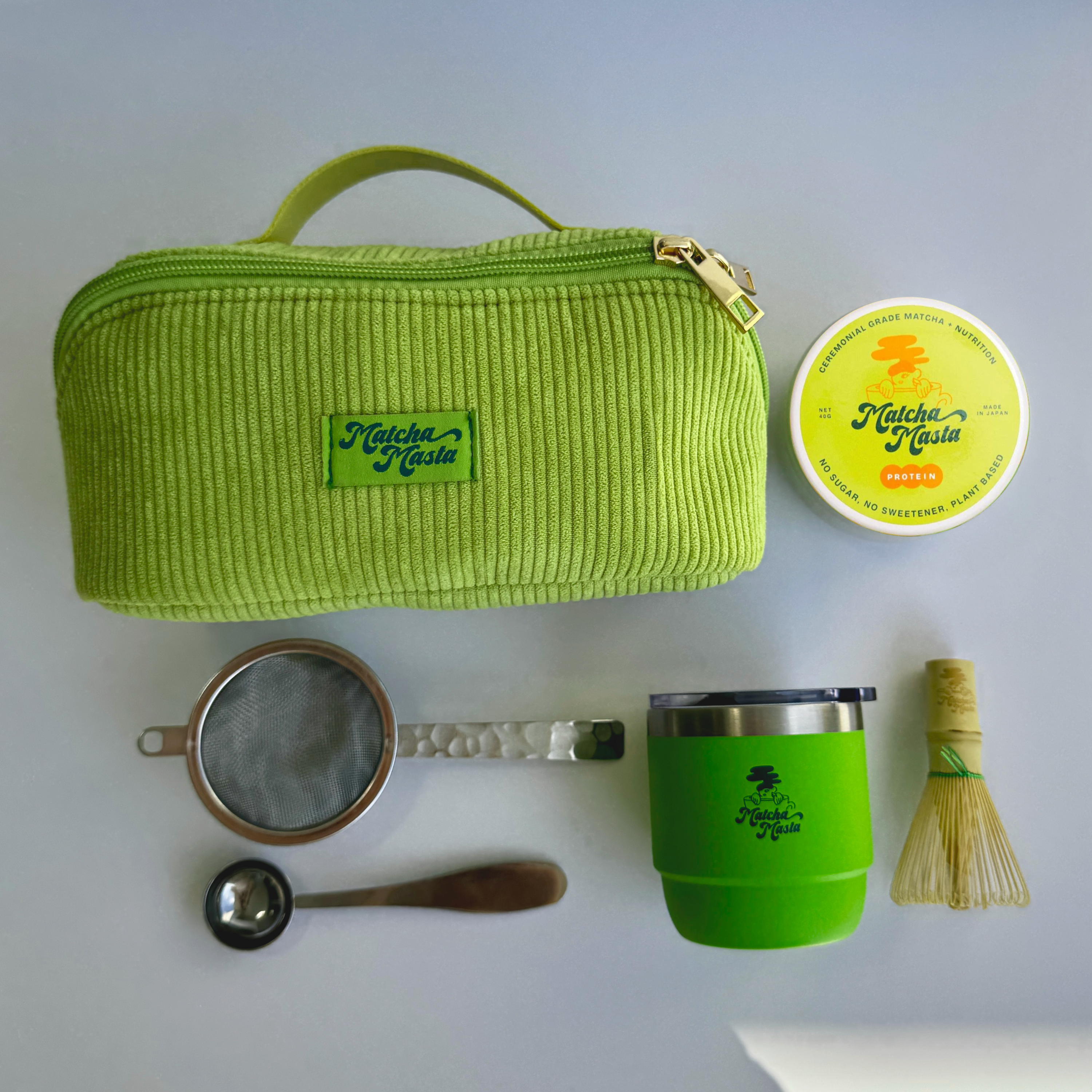 Matcha travel kit with pouch, matcha tin, tumbler, mini whisk, stainless steel sieve and scoop